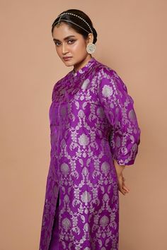 Purple banarasi silk slit kurta in a floral vine zari woven pattern. Comes with straight pant. - Aza Fashions Collar Kurta, Pant For Women, Tarun Tahiliani, Woven Pattern, Kurta With Pants, Floral Vine, Pants Pattern, Modern Bride, Straight Pants