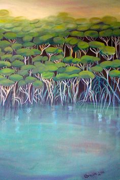 an oil painting of trees in the water with green leaves on them and blue sky above