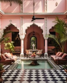 an ornate courtyard with pink walls and black and white checkered flooring, potted palm trees in the foreground