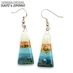 Classic Triangle Shaped Fair Trade Earrings. These we call Sand & Sea. Click to discoverer other color options. #fairtrade #fairtradefashion #fusedglass Handmade Multicolor Glass Earrings, Turquoise Glass Earrings For Gift, Summer Glass Earrings For Gift, Multicolor Glass Drop Earrings, Multicolor Glass Bohemian Earrings, Modern Handmade Glass Earrings, Multicolor Bohemian Glass Earrings, Bohemian Multicolor Glass Earrings, Nickel-free Multicolor Glass Earrings