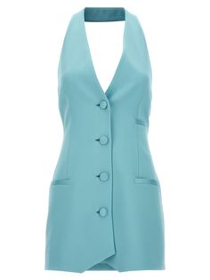 Viscose blend vest dress, rear adjustable strap detail, pockets, V-neck. Composition: 70% acetate, 30% viscose | Versace Women's Vest Dress in Light Blue | FW23/24 Spring V-neck Sleeveless Dress With Pockets, Chic V-neck Vest For Daywear, Chic Mini Dress With Pockets For Daywear, Formal Vest With Pockets, Chic Sleeveless V-neck Dress For Work, Formal Summer Vest With Pockets, Summer Formal Vest With Pockets, Fitted Mini Dress With Pockets For Daywear, V-neck Dress With Hidden Button Closure For Work