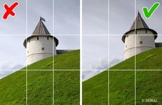 two pictures showing the same side of a castle on top of a green hill with an arrow pointing to it