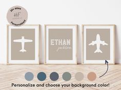 three framed pictures with the words personalize and choose your background color for each one