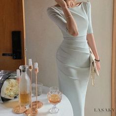 Lasaky - Sensual Long Sleeve Dress with High-Waisted Fit and Stylish Shoulder Line Fitted Waist Party Dress, Slim Bodycon Dress, Dress Office, Midi Bodycon Dress, Backless Crop Top, Simple Dress, Crewneck Dress, Slim Fit Dresses, Moda Vintage