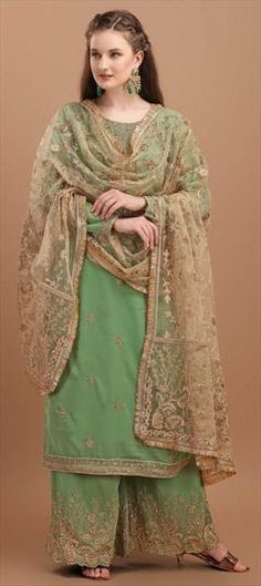 Green color Salwar Kameez in Georgette fabric with Embroidered work Embroidered Green Churidar For Reception, Pista Green Churidar With Intricate Embroidery, Green Churidar With Intricate Embroidery For Reception, Green Unstitched Suit For Reception With Traditional Drape, Green Unstitched Suit For Reception In Traditional Drape, Green Unstitched Suit For Reception And Diwali, Pista Green Churidar For Eid Reception, Pista Green Embroidered Dupatta For Wedding, Green Semi-stitched Unstitched Suit For Reception