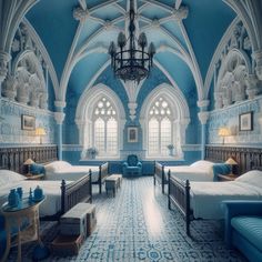 a room with two beds and blue walls