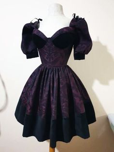 Corset dress with puffy skirt and sleeves Corset Dress Aesthetic, Purple Overbust Corset Dress With Boned Bodice, Purple Corset Dress, Fitted Gothic Purple Corset Dress, Burgundy Corset, Dark Purple Corset, Gothic Corset Dress With Ruffles, Mini Length, Fitted Gothic Purple Corset, Purple Corset