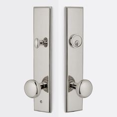 two chrome door handles with round knobs