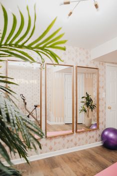 a room with mirrors and exercise balls in it