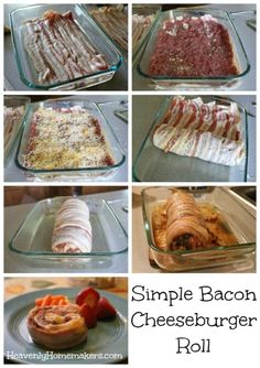 different types of bacon cheeseburger rolls in glass casserole dishes with text overlay