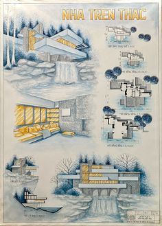 a blue and white drawing of some buildings in the snow with water coming out of them