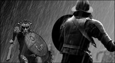 two men in armor walking through the rain with shields and shieldes on their backs