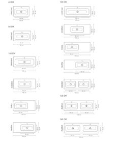 the diagram shows different sizes and shapes of sinks in various positions, with measurements for each sink