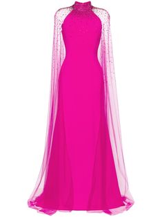 hot pink crystal embellishment tulle panel cape design stand-up collar sleeveless floor-length Dark Pink Gown, Gown With Cape, Edgy Glam, Pink Cape, Gown Pink, Cape Designs, Cape Gown, Pink Gown, Design Stand