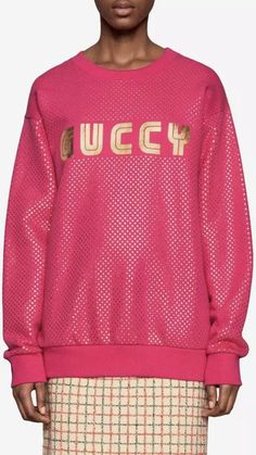 100% Authentic or money back!!!!!! SOLD OUT!!!!!! NEW Gucci "Guccy" Hot Pink SEGA® Print Gold Stars Sweatshirt $1300+Tax. Gucci bring us the Guccy Sweatshirt, a perfect addition to your casual wardrobe. Crafted with long sleeves and a crew neck, this piece features an all over metallic star print. Finished with the brands iconic 'GUCCY' wording emblazoned to the chest, this piece is not one to be missed. 100% cotton Hand wash only Condition is Brand New with tags, Never Worn!!! Size: S Oversized Gucci Cotton Sweatshirt With Logo, Gucci Tops With Logo Detail For Streetwear, Gucci Long Sleeve Tops With Letter Print, Gucci Crew Neck Sweatshirt For Fall, Luxury Crew Neck Sweatshirt With Letter Print, Gucci Crew Neck Sweatshirt With Graphic Print, Gucci Designer Crew Neck Sweatshirt, Designer Gucci Crew Neck Sweatshirt, Luxury Gucci Tops For Fall