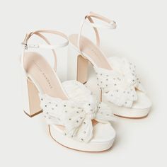 New In Box Loeffler Randall Natalia Crystal-Embellished Bow Platform Sandals. Size 11. Brand New, Barely Even Tried On. Authentic, Purchased From Saks.Com. Sold Out In Many Places. Ideal For A Bride, Wedding Festivities, Or Tbh Anything Because They Are Absolutely Gorgeous. Originally $495, Anthropologie Is Still Selling Them For $495. White Platform Heels, Pearl Heels, Loeffler Randall Shoes, Wedding Festivities, White Platform, Fancy Shoes, Bow Heels, Shoe Inspo, Loeffler Randall