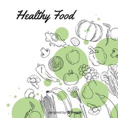 an illustration of vegetables and fruits with the words healthy food written below it in black ink