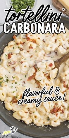 tortellini carbonara with bacon and creamy sauce in a skillet