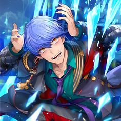 an anime character with blue hair sitting on the ground and pointing his finger at something