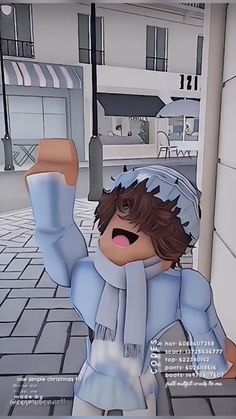 an animated image of a boy in a blue coat and hat holding his arms up