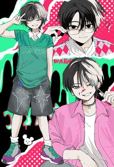 two anime characters one is wearing a pink shirt and the other has a green shirt