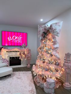 Pink shabby chic Loveshackfancy lsf Pink And Gray Christmas Decor, Victoria’s Secret Christmas Tree, Small Christmas Tree Room Ideas, Pink Christmas Aesthetic Decor, Christmas Decor Pink And Gold, Pink White And Gold Christmas Decor, Beverly Hills Christmas, Pink Christmas Apartment, Pink Christmas Office Decor