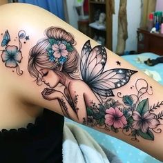 a girl with flowers and butterflies on her arm