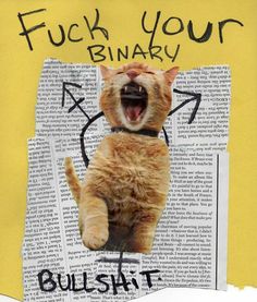 an orange cat with it's mouth open and tongue out on top of a book page