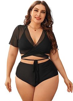 Features: solid, halter bikini, sheer mesh, wrap coverup crop top, plus size 3 pieces swimsuit Occasion: suitable for swimwear, beach, swimming pool, summer party and vacation Bathing Suit Outfits, Triangle Bathing Suit, Swimsuit Wrap, Curvy Swimwear, Plus Size Swim, Seductive Clothes, Cute Bathing Suits, Cute Swimsuits, Tankini Set