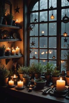 candles are lit in front of a window with potted plants and other decorations on it