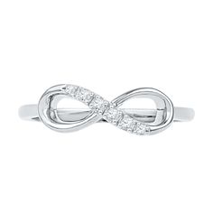 a white gold ring with diamonds in the shape of an infinite knot, on a white background