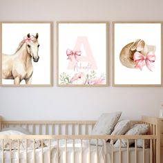 To purchase and personalize this item from ellaandwhiskey.com, please follow the link below to my Etsy shop. https://ellaandwhiskey.etsy.com/listing/1674379576/personalized-cowgirl-nursery-prints-set Transform your little one's room into a charming Western haven with our Personalized Cowgirl Nursery Prints Set. This delightful collection features pink rustic decor perfect for a western-themed girl's room. Each set includes a custom name print, a cowgirl hat, a coquette bow, and a horse design, c Nursery Ideas Horse, Girly Western Nursery, Boho Cowgirl Nursery, Cowgirl Bedroom Ideas For Kids, Pink Western Room, Girl Western Nursery, Western Girl Nursery, Western Girl Room, Cowgirl Nursery Theme