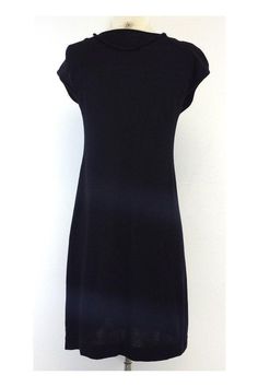 Size Small Black Knit Dress Body 55% Silk 45% Linen Trim 100% Rayon Slips on Cap sleeves Braided details Shoulder to hem 36" Black Stretch Crew Neck Dress, Black Fitted Sweater Dress With Crew Neck, Black Fitted Crew Neck Sweater Dress, Black Knit Sweater Dress Crew Neck, Black Fitted Midi Dress With Crew Neck, Black Fitted Crew Neck Midi Dress, Black Knit V-neck Midi Dress, Black Stretch Knit Dress, Black Knee-length Knit Midi Dress