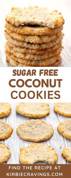 a stack of sugar free coconut cookies on top of a table with text overlay