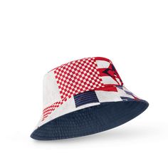 LOUIS VUITTON® - Damier Flags Reversible Bucket Hat - Multicolore Designer Bucket Hats, Louis Vuitton Gifts, Cup Logo, Graphic Motif, Reversible Bucket Hat, Trunk Bag, Hat Stands, Louis Vuitton Official, Monogram Bag