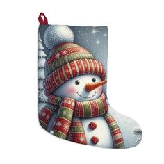 a christmas stocking with a snowman wearing a hat and scarf on it's side