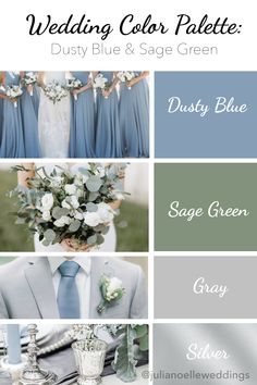 Dusty Blue & Sage Green Wedding Color Palette: dusty blue, sage green, gray, silver, and wedding photos Blue Motif Wedding Color Palettes, Sage Green Motif Wedding, Good Wedding Colors, Color Schemes For Weddings Spring, Wedding Motif 2022, Wedding Motif Color 2024, Engagement Colour Themes, Green Motif Wedding Ideas, Theme Colours For Wedding