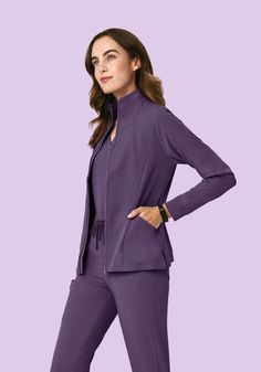 Our contemporary take on scrub jackets along with 5 pockets. Best Scrubs Uniform For Women, Purple Scrubs, Pt School, Scrub Style, Cute Scrubs, Scrubs Outfit, Scrubs Uniform, Scrub Jackets, Figs Scrubs