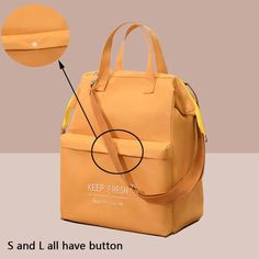 a yellow handbag with the words keep fresh and i have button on it,