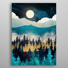 a painting on a wall with trees and mountains in the background, under a full moon