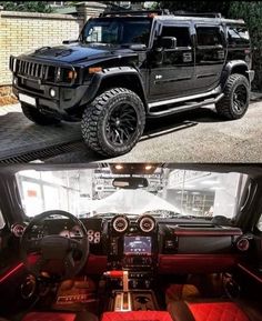 the interior and dashboard of a black hummer with red leather seats in front of it