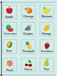 an image of fruits and vegetables with words in the same language on each one side