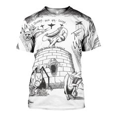 a black and white photo of a t - shirt with an image of animals on it