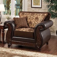 Franklin SM6106N-CH Chair By Furniture Of AmericaBy sofafair.com Old World Living Room, Traditional Style Living Room, Patterned Armchair, Traditional Chairs, Brown Living Room, Traditional Furniture, Club Chair, Furniture Of America, Upholstered Arm Chair