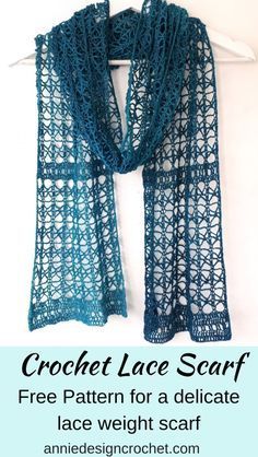 the crochet lace scarf is free pattern for a delicate lace weight scarf