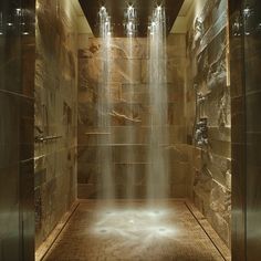 a large shower with water coming out of it's sides and lights on the side