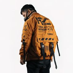 Orange Techwear Jacket Orange Techwear, Techwear Jacket, Blue Denim Jacket, Jacket Design, Cyberpunk, Streetwear Fashion, Vest Jacket, Mens Jackets, Denim Jacket