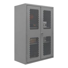 a gray metal cabinet with two doors on the front and one door open to reveal an electronic device