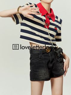 A striped top with cherry embroidery on the chest.

The moderate looseness and compact length add a trendy feel.

With its eye-catching color scheme, it is sure to become the focal point of your coordination.
◾️Model
Height/Weight：167cm(65.7in)/45kg(99.2lb)
Fitting Size：S



Size (cm)
Length
Chest
Shoulder
Sleeve Length


S
37.7
98.8
44
21


M
38.5
102
45
21.5


L
39.3
105.2
46
22 Trendy Crew Neck Top With Striped Collar, Casual T-shirt With Striped Collar For Summer, Preppy Top With Striped Collar For Spring, Trendy Contrast Stripes T-shirt For Spring, Chic Striped Short Sleeve T-shirt, Chic Striped Cotton T-shirt, Preppy Striped Summer Tops, Preppy Navy Tops For Spring, Navy Tops With Contrast Stripes For Spring