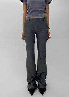 Charley Bootcut Pants - Charcoal – The Frankie Shop Casual Fitted Bottoms With Seam Detailing, Classic Mid-rise Bottoms With Seam Detailing, Tailored Mid-rise Bottoms With Belt Loops, Fitted Straight Leg Bottoms With Seam Detailing, Chic Mid-rise Pants With Seam Detailing, Fitted Mid-rise Dress Pants With Pockets, Formal Mid-rise Bottoms With Belt Loops, Fitted Gray Bottoms With Hip Pockets, Tailored Mid-rise Bottoms With Pockets